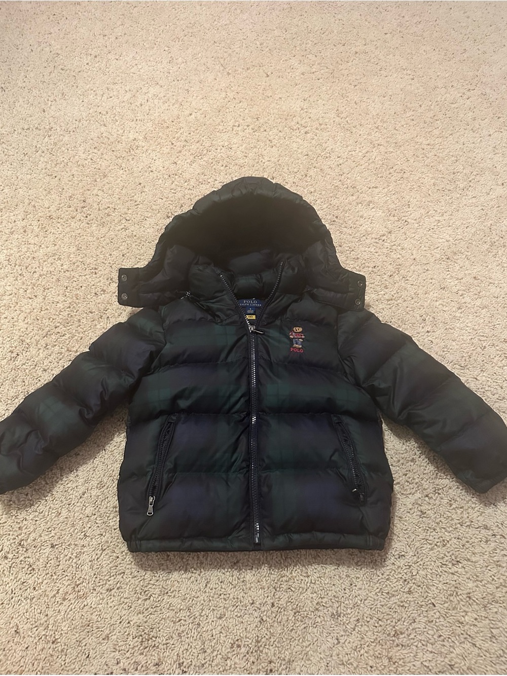 Polo Ralph Lauren Boy Polo Bear Plaid Down Hooded Puffer Jacket